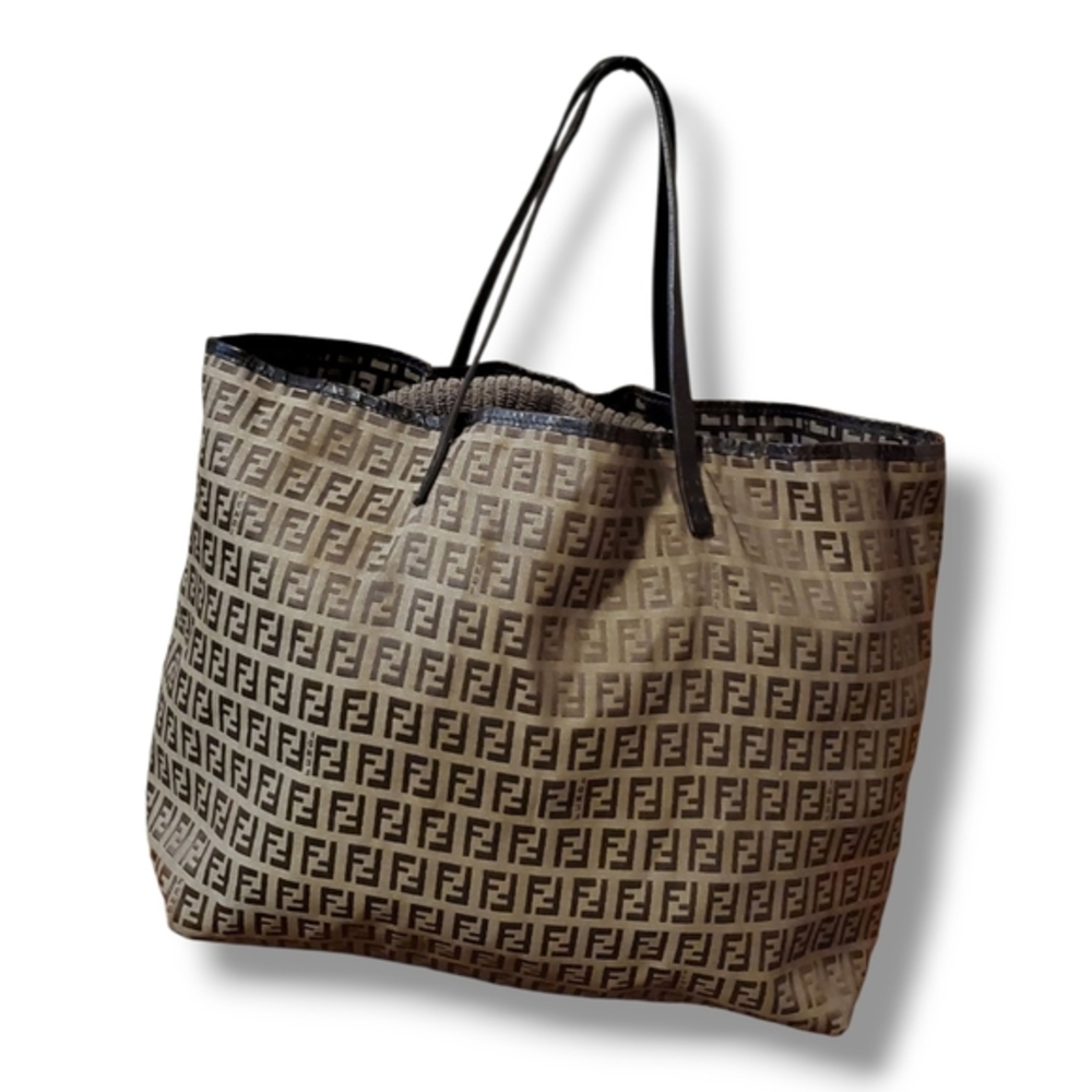 FENDI Zucchino Beige and Brown Logo Tote Bag - Picture 5 of 15